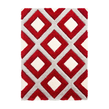 Olympia GR224 3D Geometric Plush Carved Hi-Lo Textured Soft Polyester Metallic Shimmer Shaggy Grey/Red/Cream Rug-Think Rugs-Rug Love - The Most Loved Rug Store